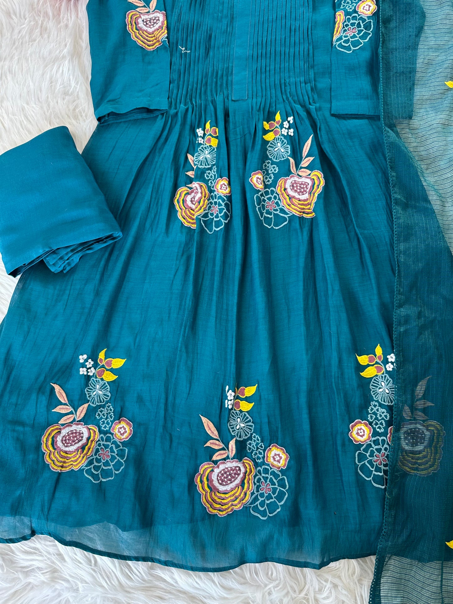 K294 - Mul Chanderi Appliqué work Aline Kurti with pants and dupatta in 2 colours
