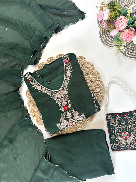 K311 - Russian silk handwork Aline Kurti with pants, dupatta and potli bag