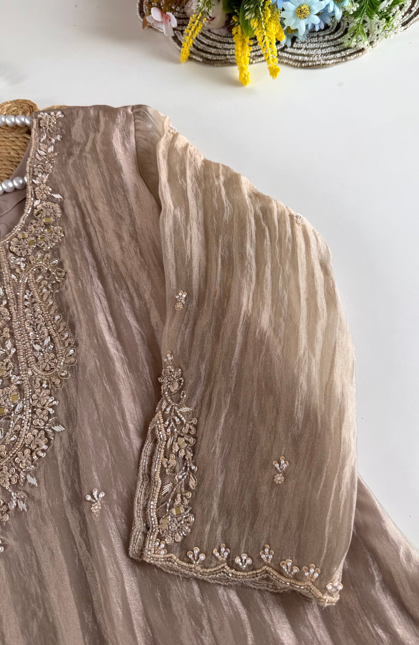 K600 - Glass tissue silk handwork aline Kurti with pants and dupatta