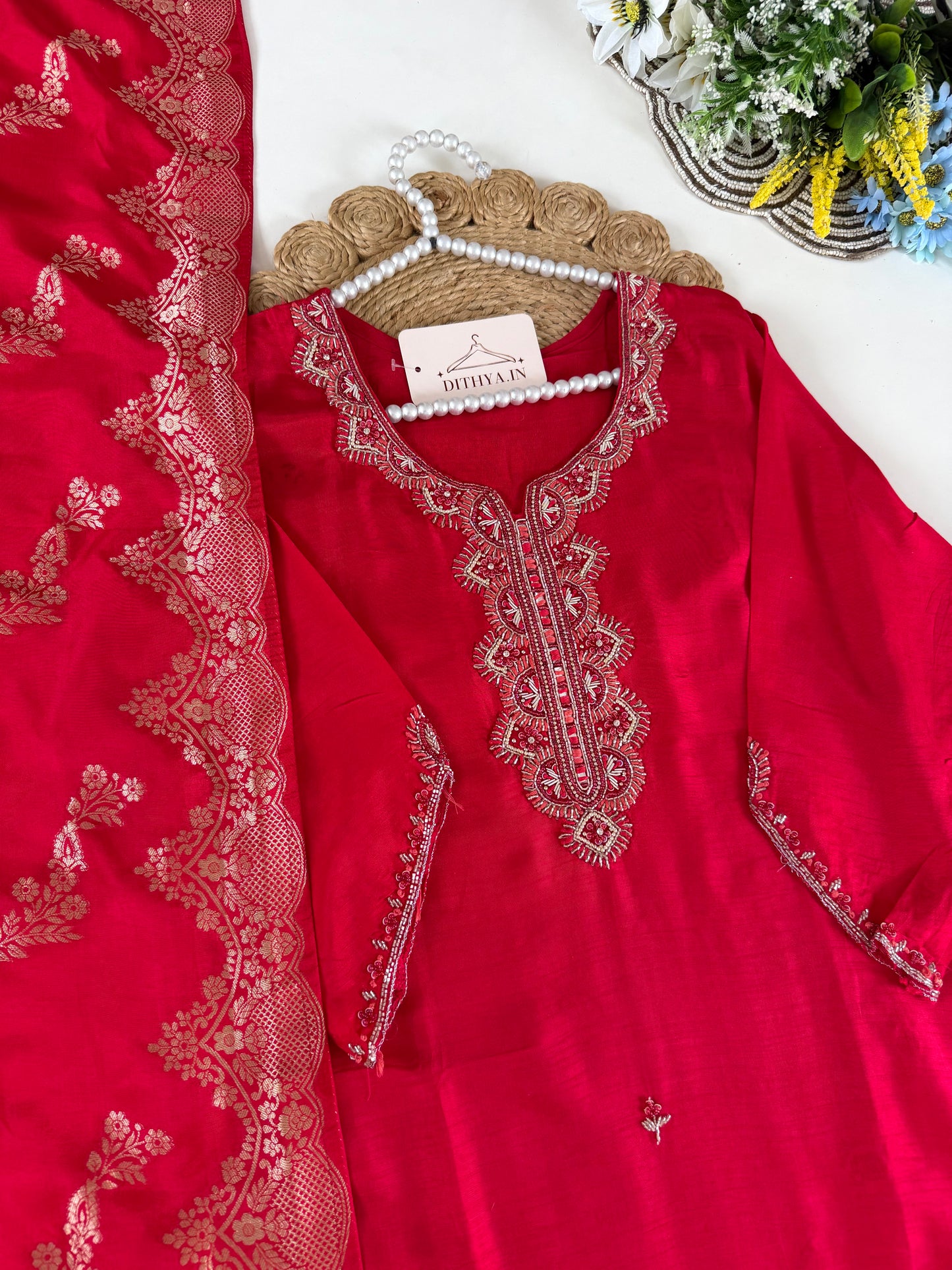 K641 - Dola silk Handwork straight Kurti with pants and dupatta