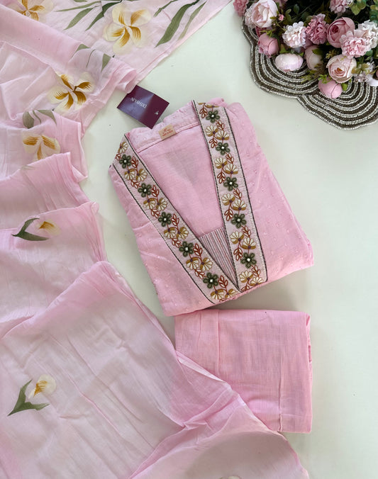 K179 - Mul cotton embroidered Aline Kurti with pants and dupatta in 2 colours