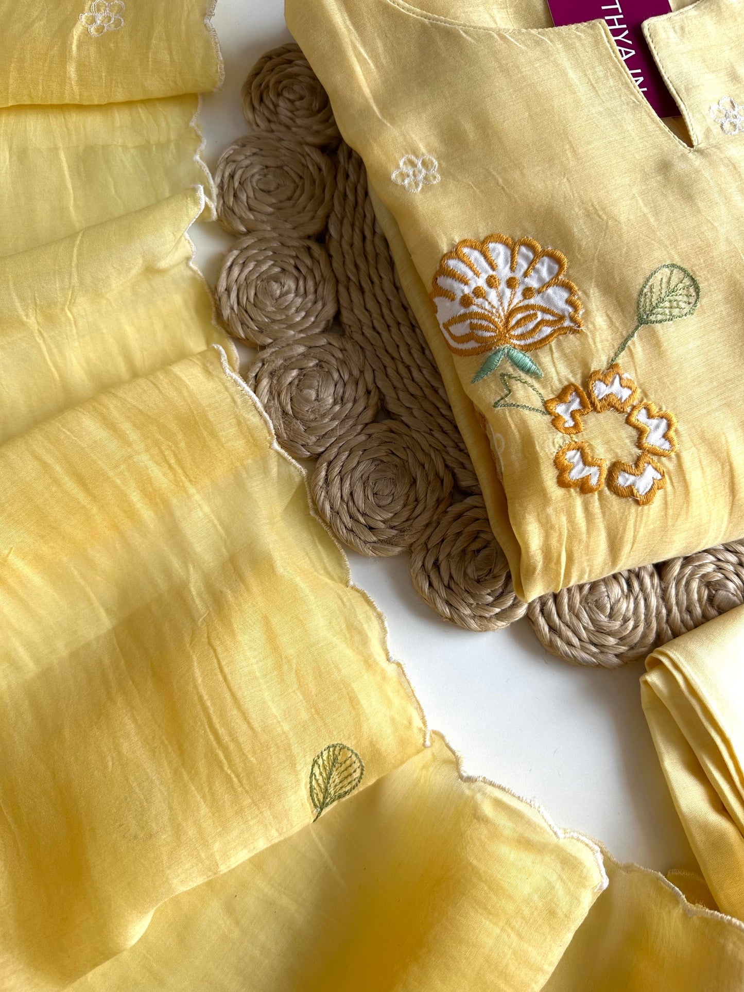 K086 - Mul Chanderi Appliqué work Aline Kurti with pants and dupatta