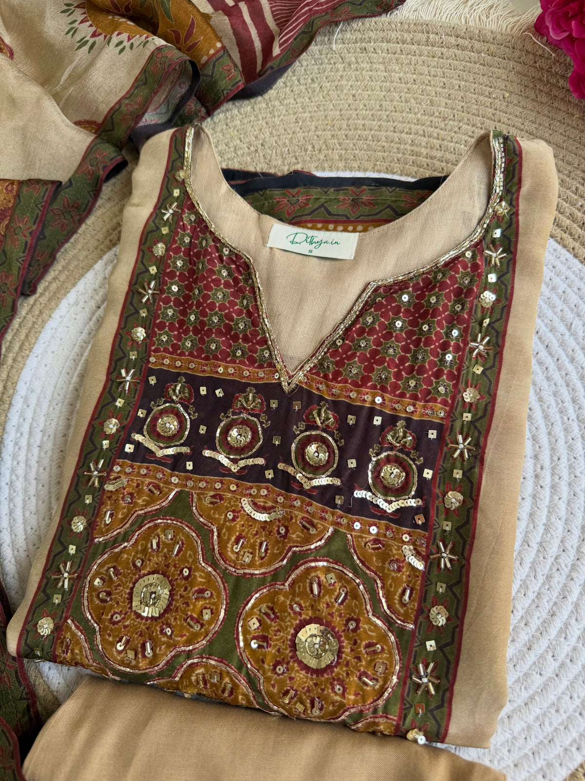 K248 - Pure crape handwork Ajrakh print straight Kurti with pants and dupatta