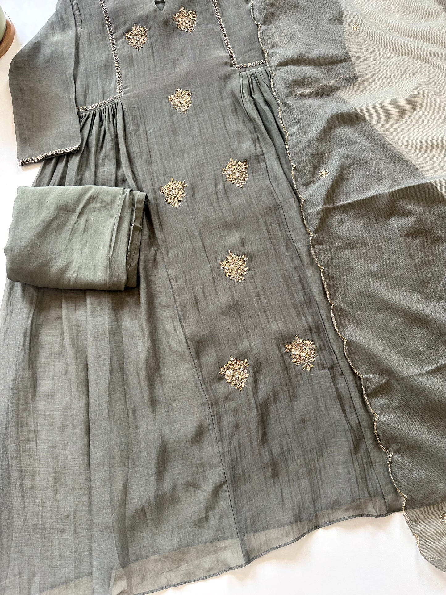 K080 - Mul Chanderi Zari work Anarkali with pants and dupatta .