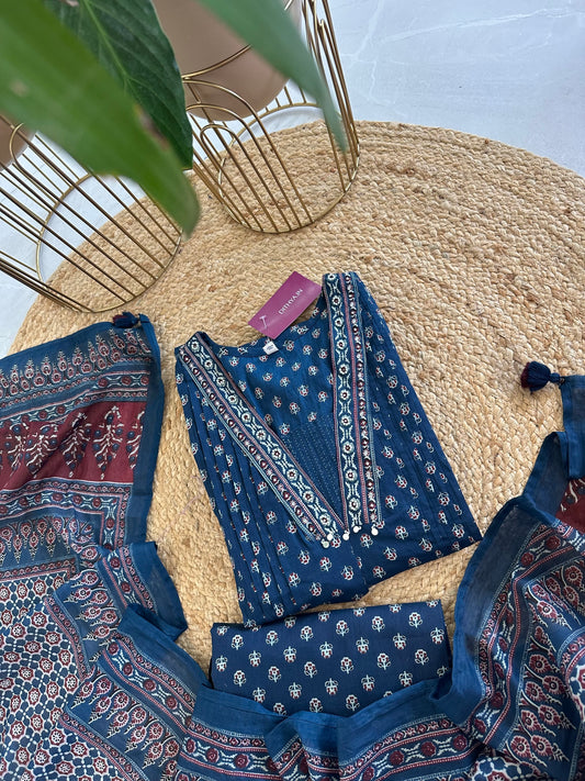 K082 - Cotton Aline Kurti Indigo print with palazzo and dupatta.