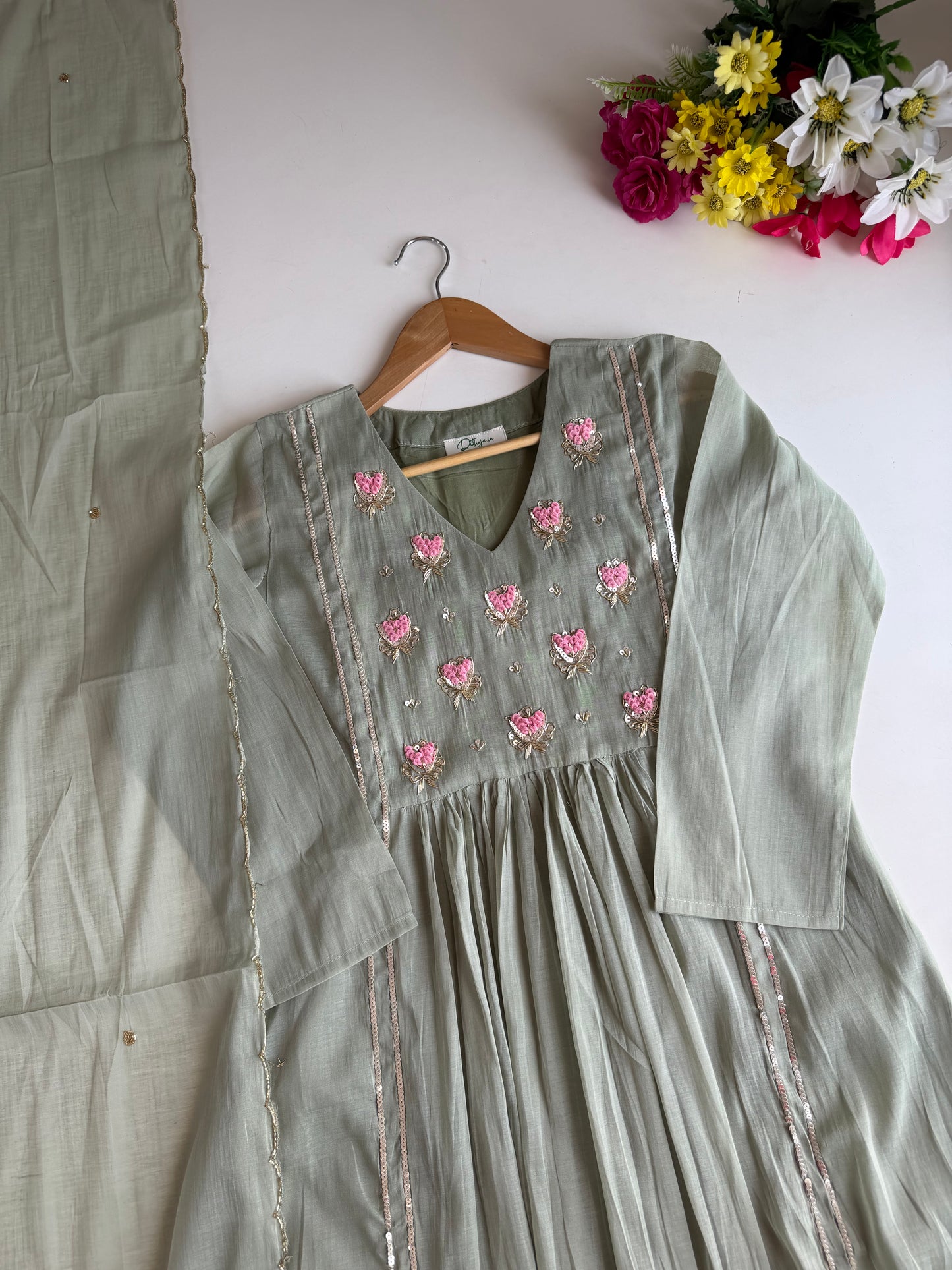 K640 - Surat Mul chanderi handwork Anarkali with pants and dupatta