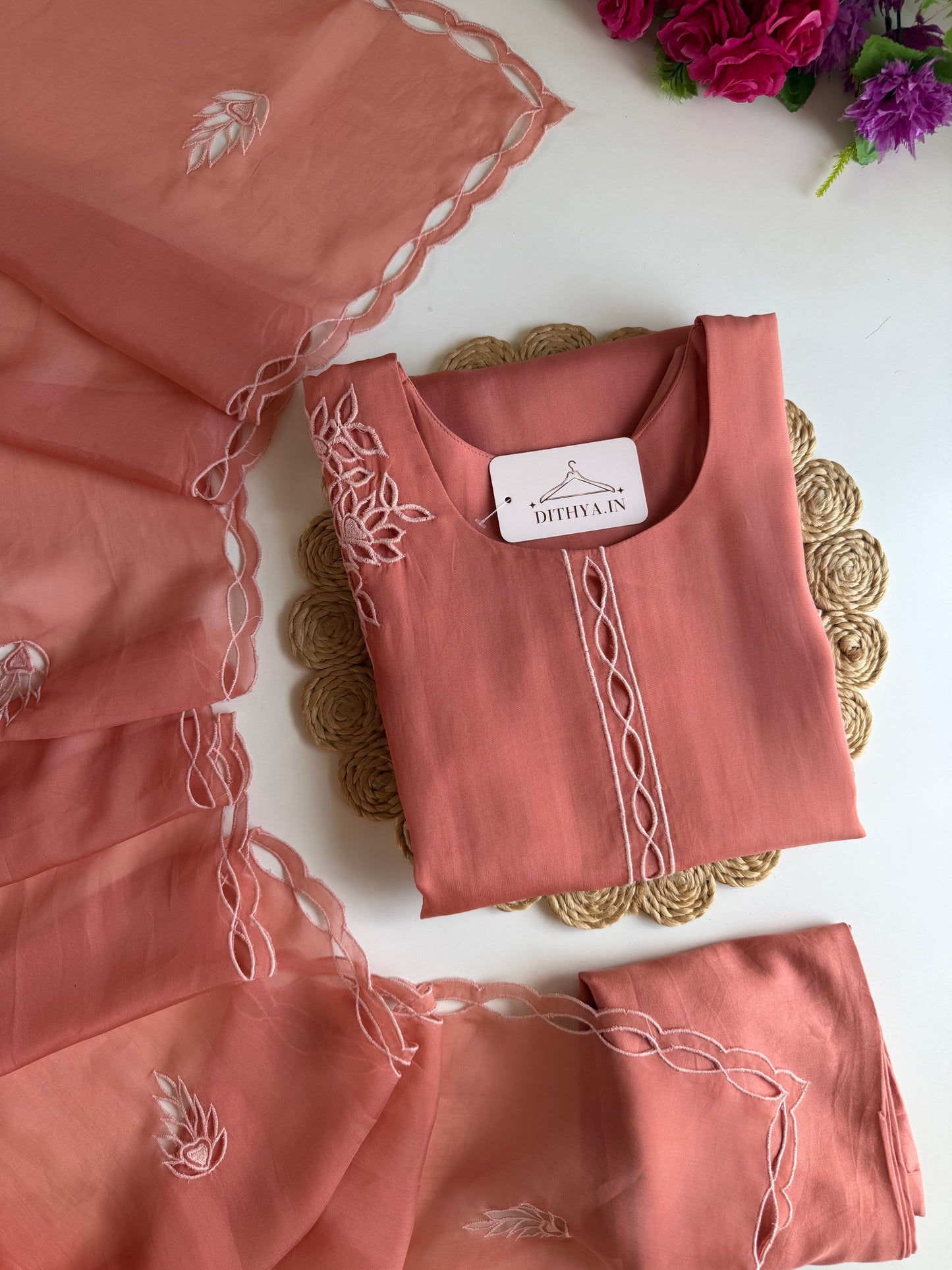K705 - Viscose organza cutwork straight Kurti with pants and dupatta