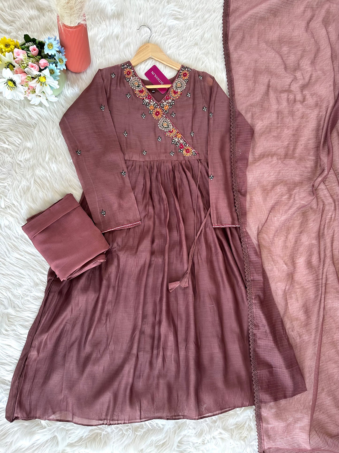 K404 - Mul Chanderi Handwork Angrakha Aline Kurti with pants and dupatta