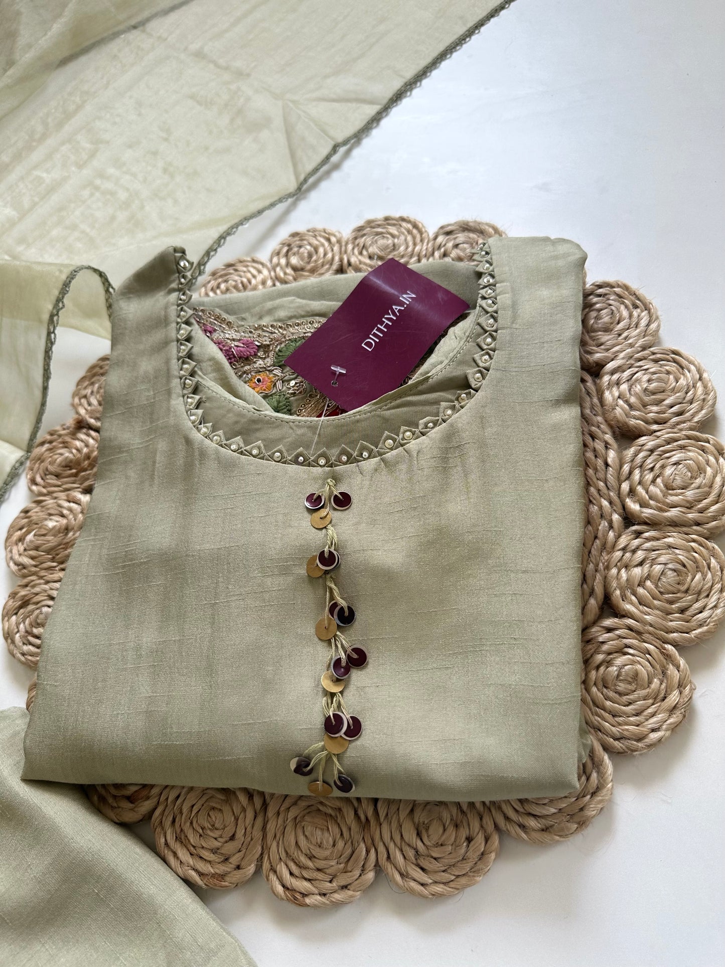 K095 - Russian silk heavy handwork straight kurti with pants and dupatta .