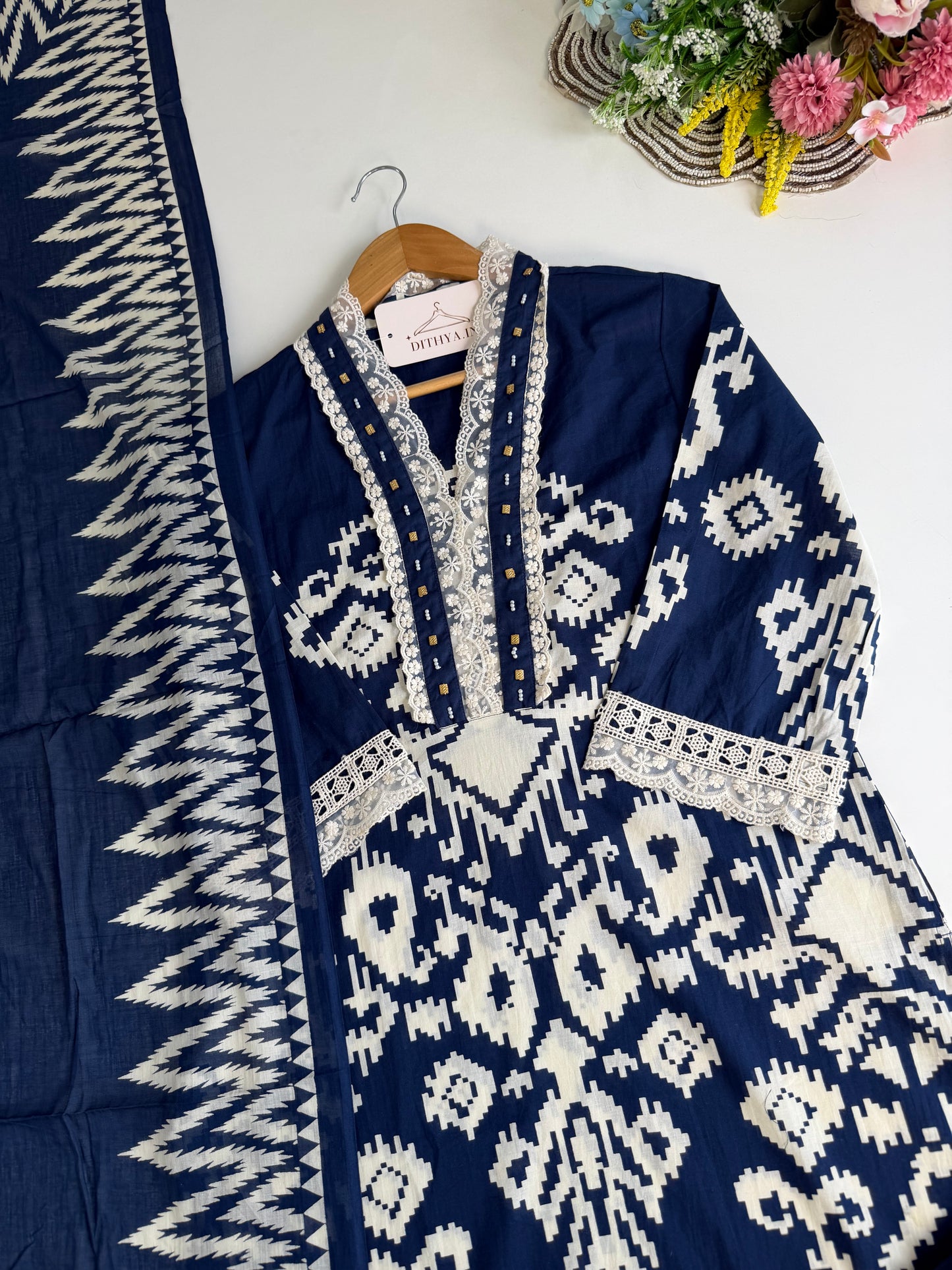 K648 - Mul cotton embroidered straight Kurti with pants and dupatta