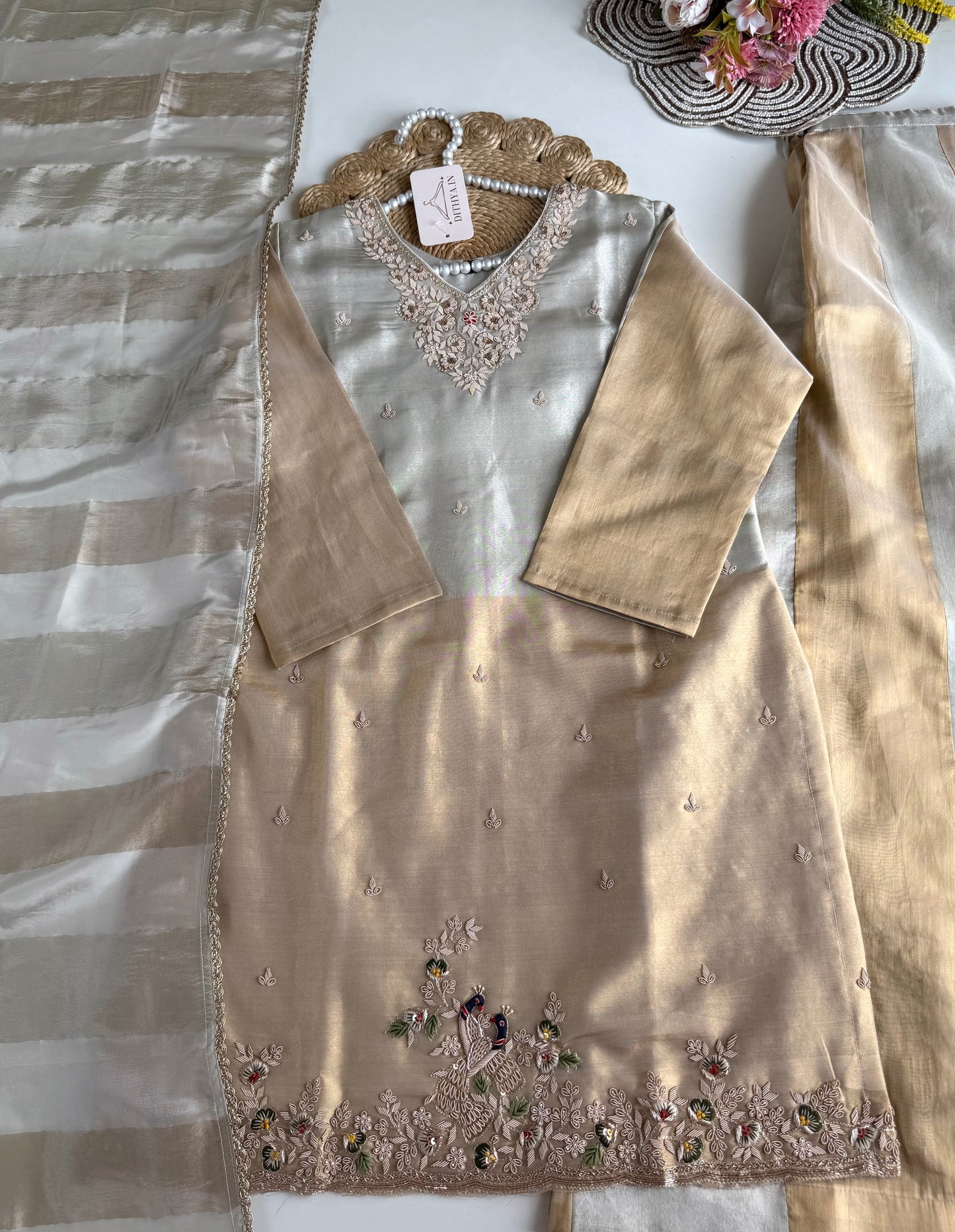 K570 - Tissue silk handwork short Kurti with divider pants and dupatta