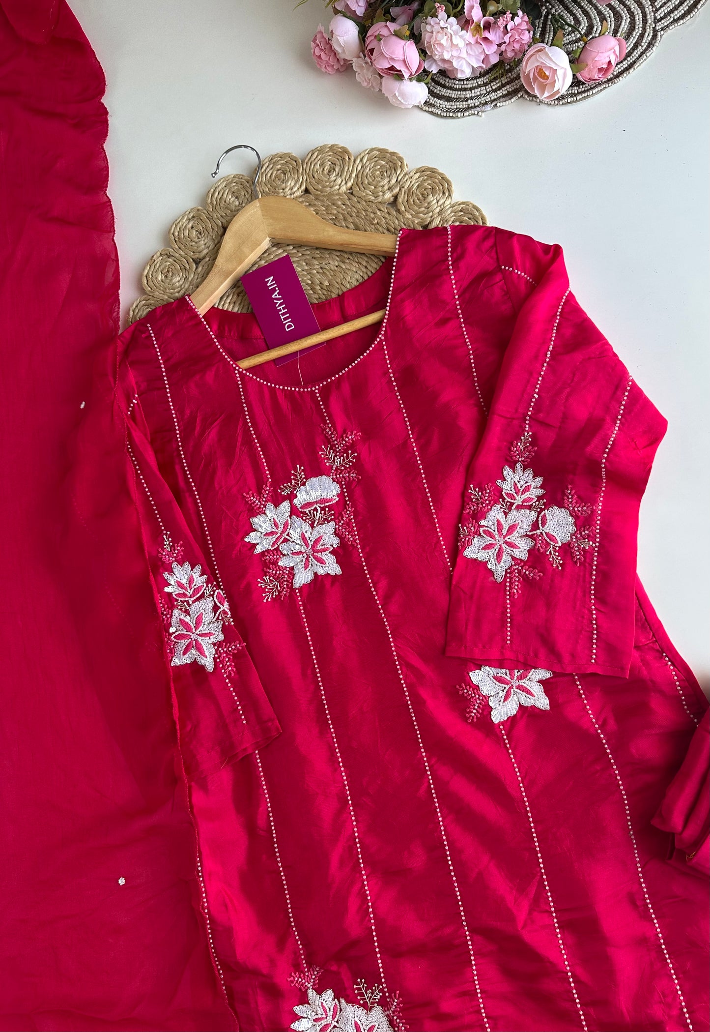 K253 - Pure crape pearl work straight Kurti with pants and dupatta