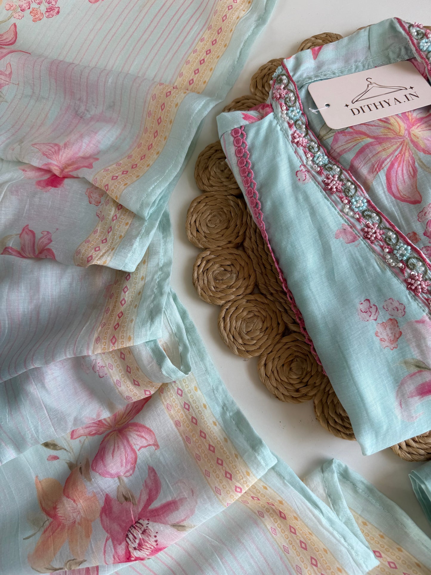 K524 - Mulmul chanderi floral Aline Kurti with pants and dupatta