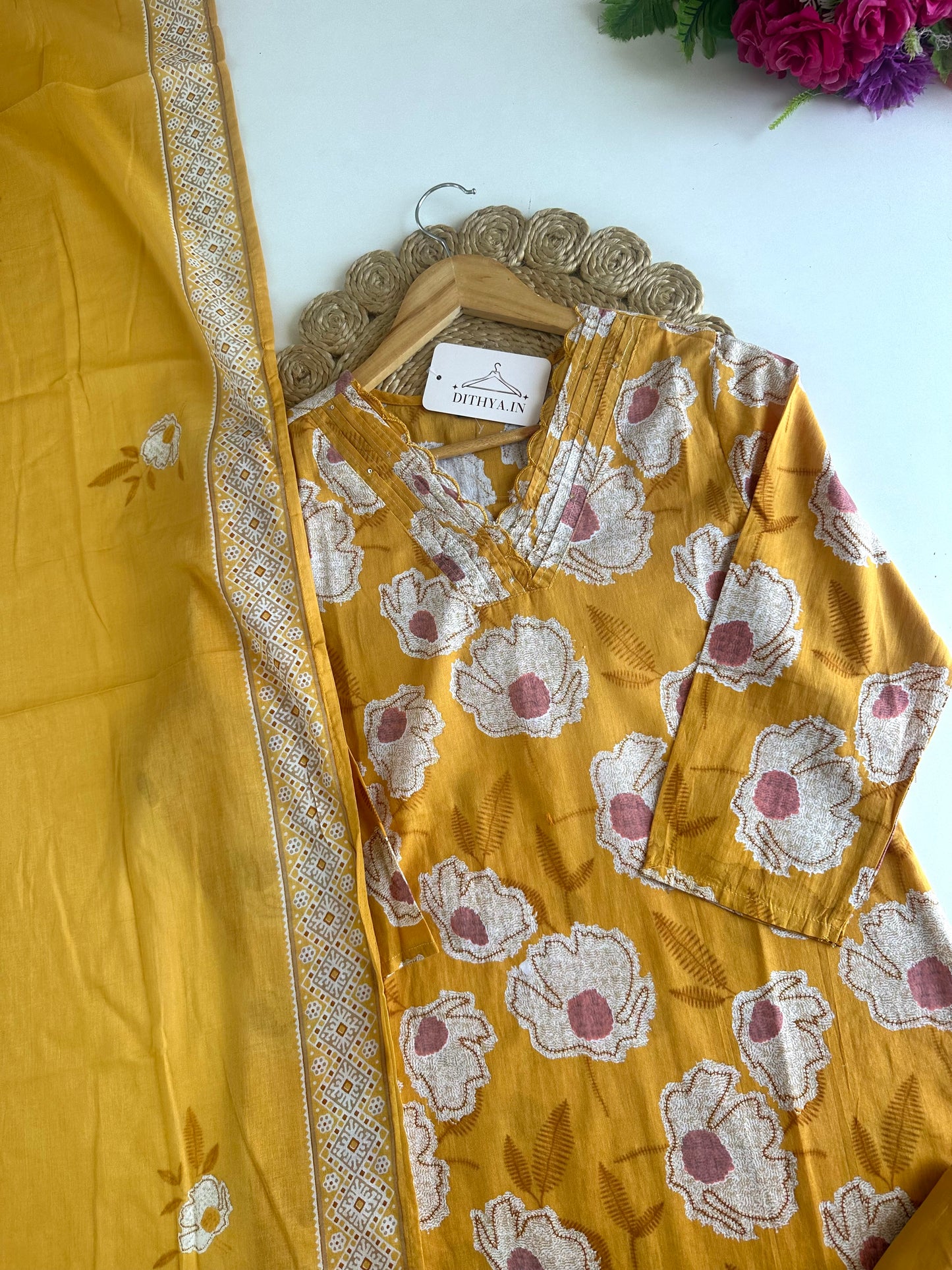 K221 - Mul cotton printed straight Kurti with pants and dupatta