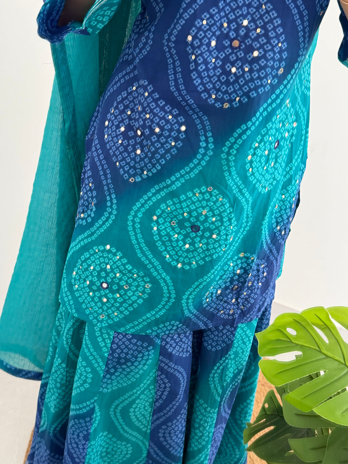 K090 - Mul cotton bandhini mirror work short Kurti with palazzo pants and dupatta