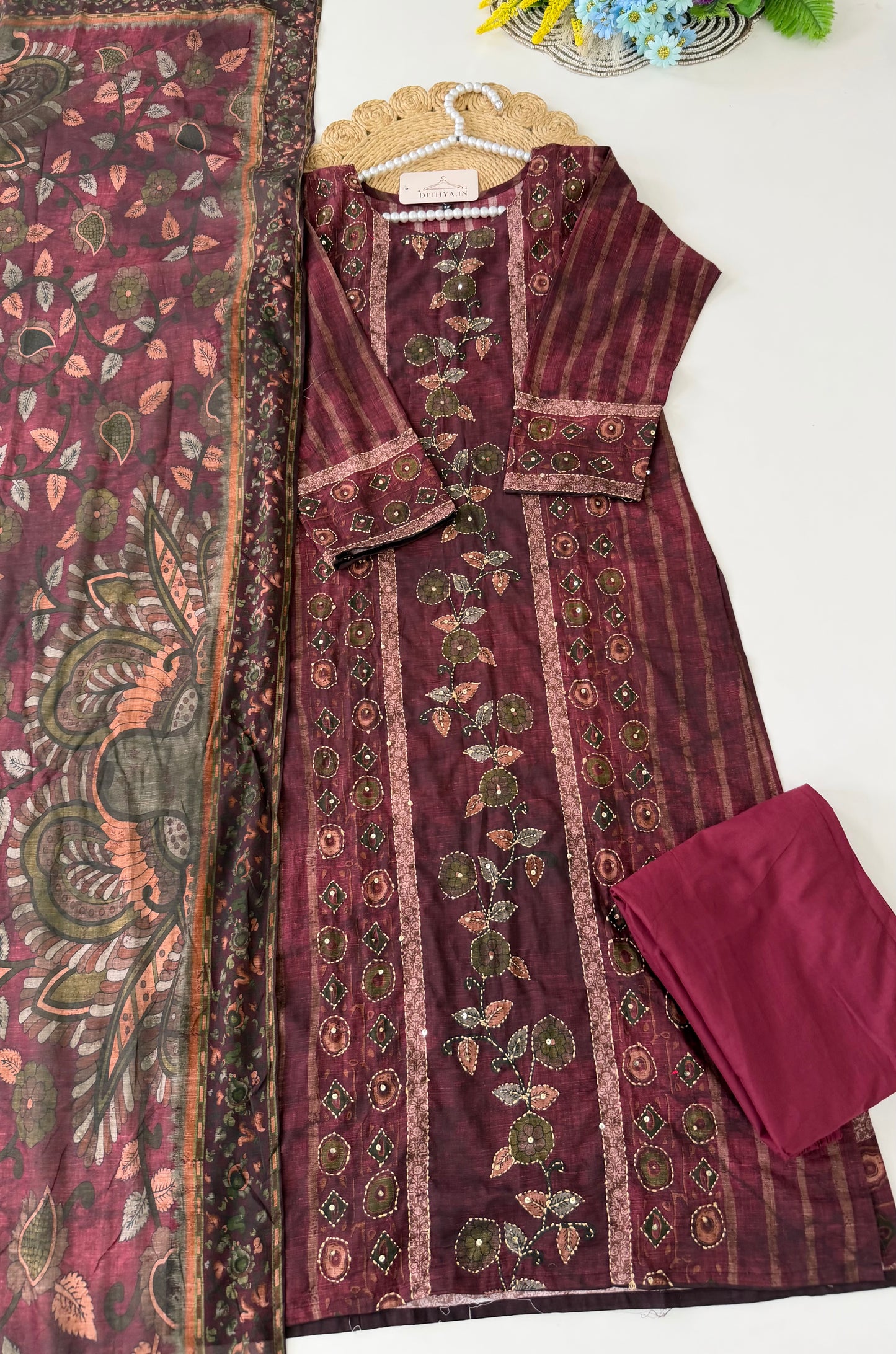 K483 - Cotton katha work straight Kurti with pants and dupatta