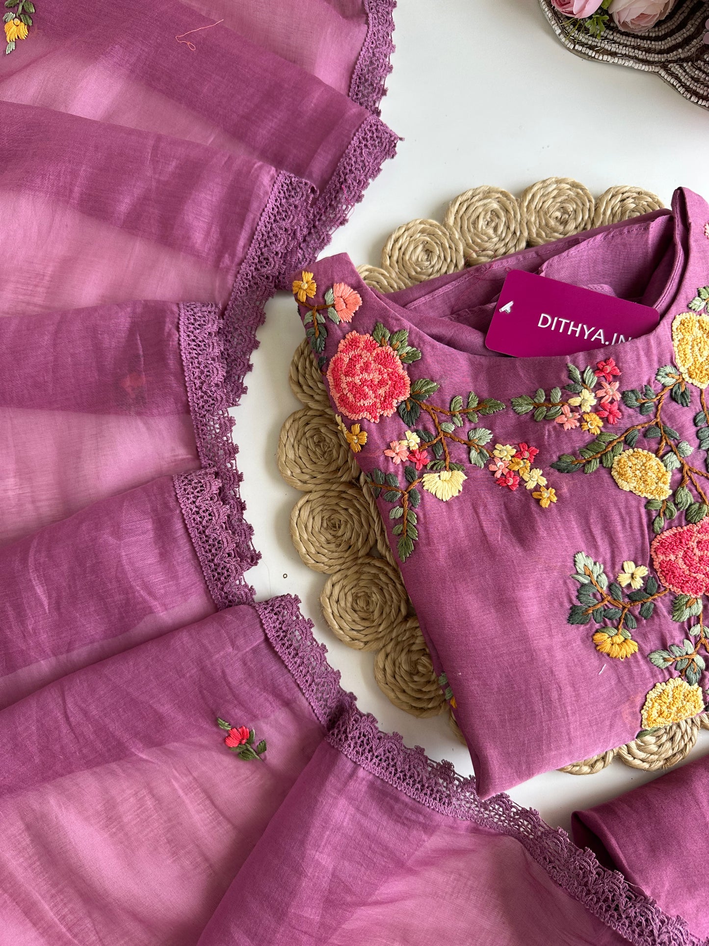 K257 - Mul Chanderi embroidered Aline Kurti with pants and dupatta