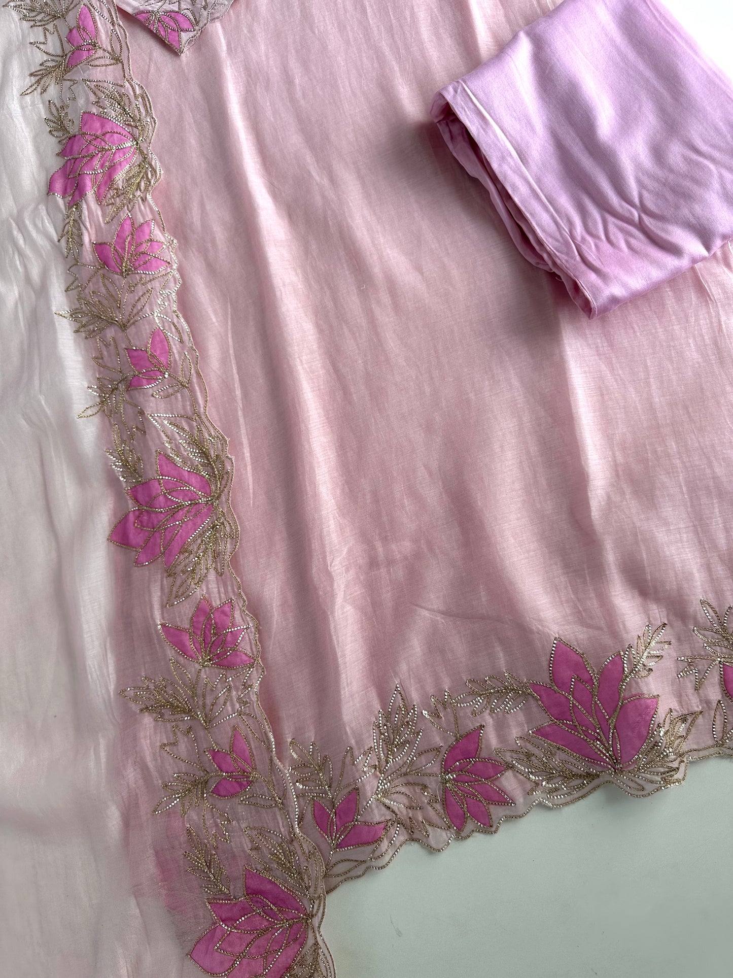 K234 - Mul Chanderi Appliqué zari work straight Kurti with pants and dupatta