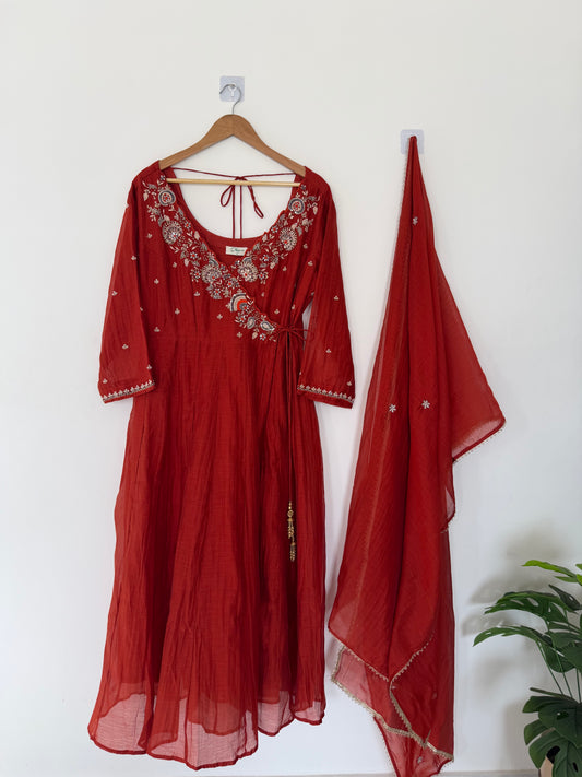 K331 - Mul chanderi handwork angrakha Anarkali with pants and dupatta