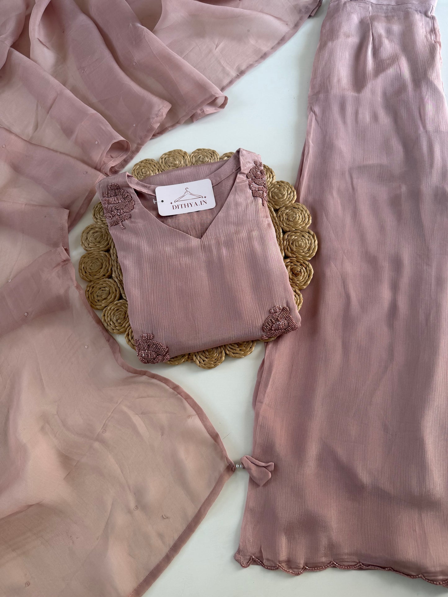 K104 - Pure Chinnon handwork short Kurti with divider pants and dupatta