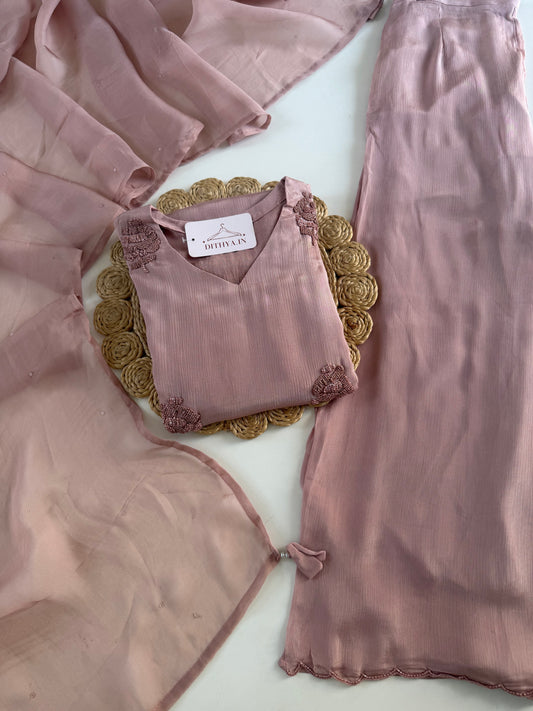 K104 - Pure Chinnon handwork short Kurti with divider pants and dupatta