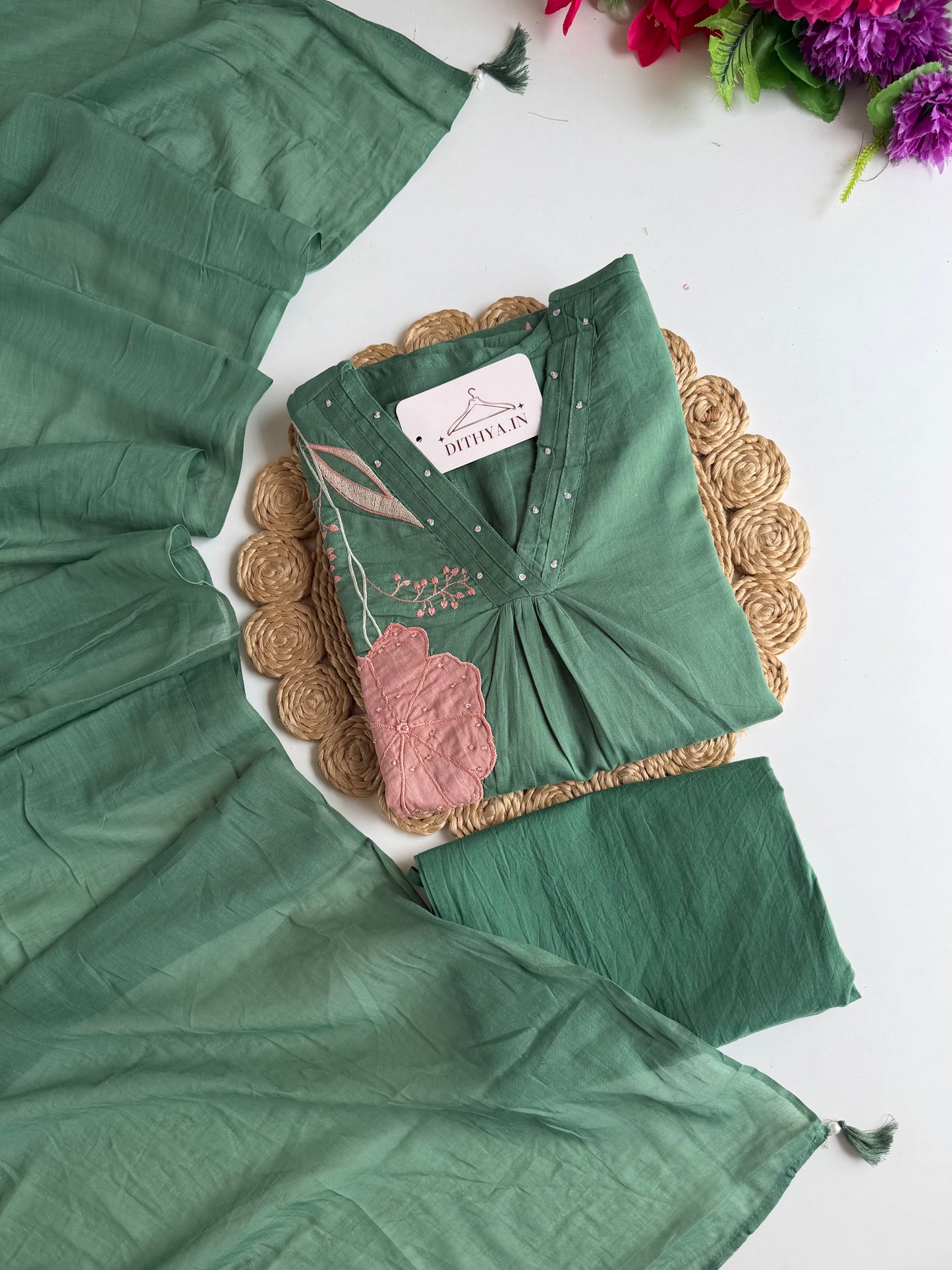 K372 - Mul cotton embroidered Aline Kurti with pants and dupatta