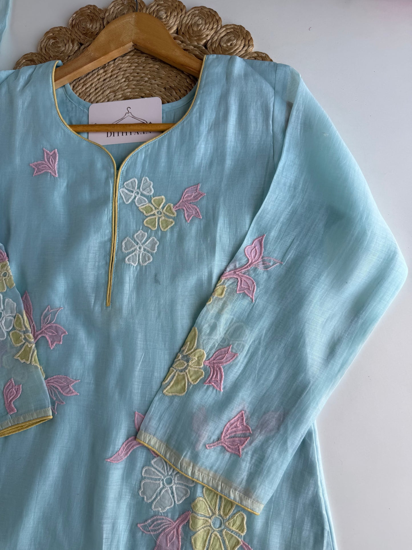 K687 - Mul chanderi appliqué work straight Kurti with pants and dupatta