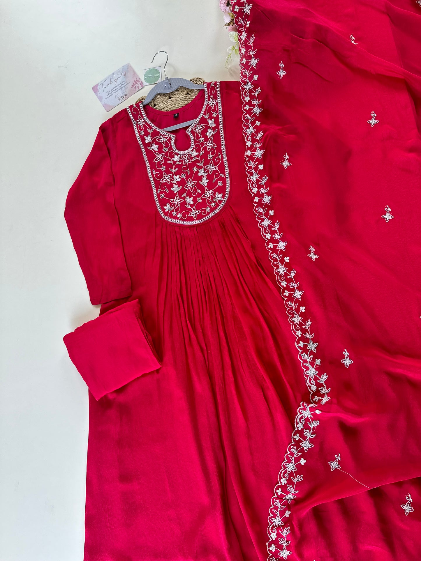 K023 - Handwork Chinnon Anarkali with pants and dupatta.