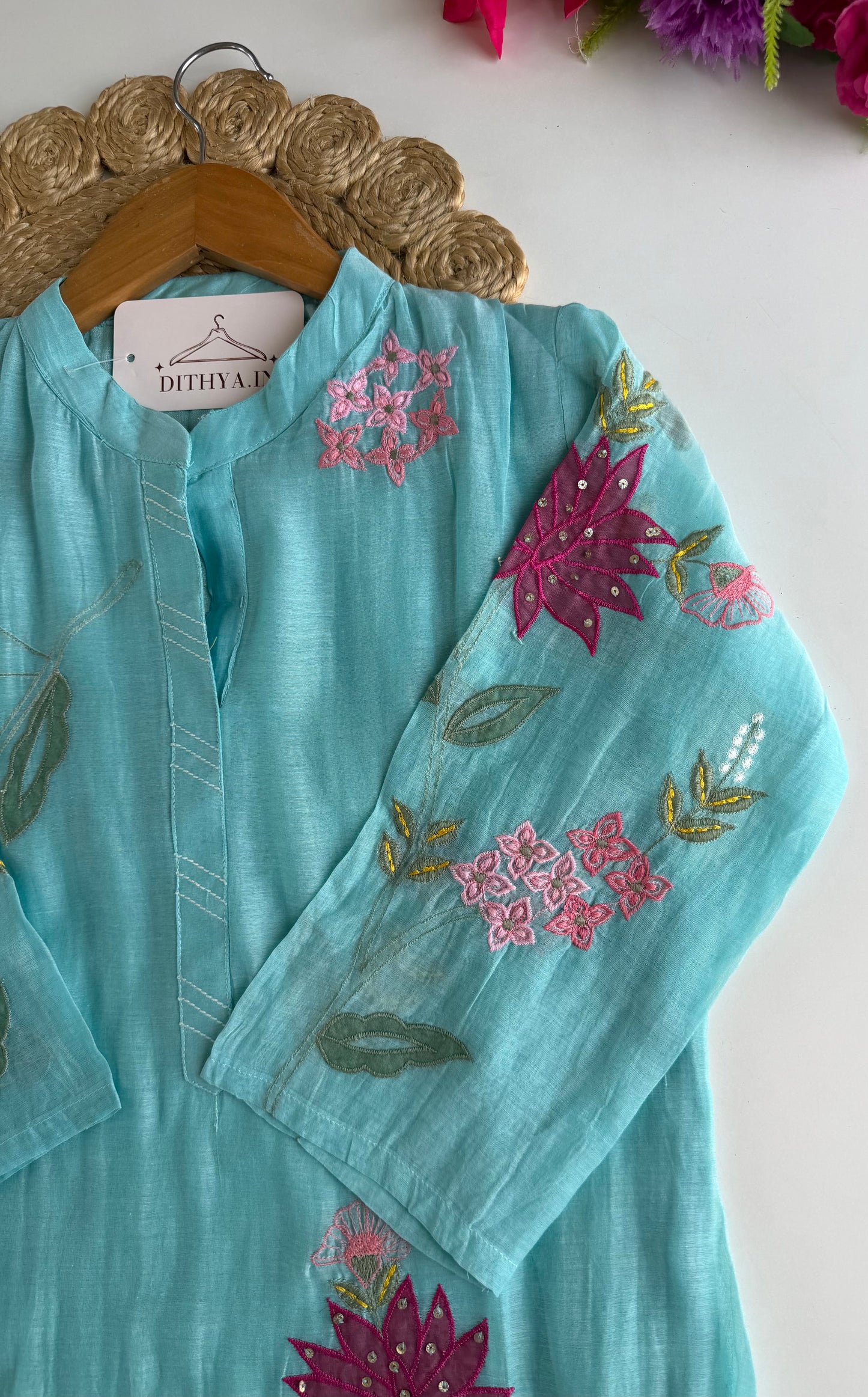 K589 - Mul chanderi appliqué embroidered Aline Kurti with pants and dupatta
