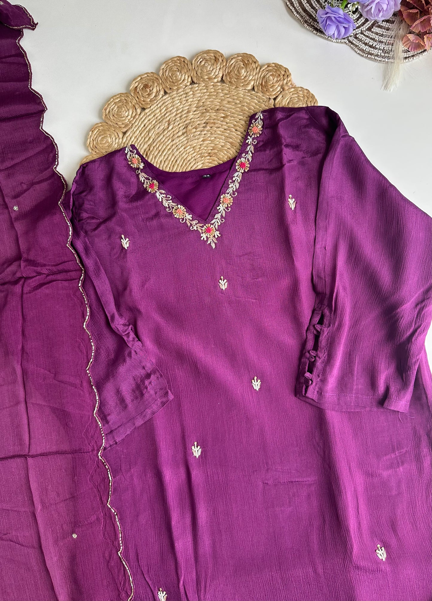 D261 - Chinnon silk straight kurti with pants and dupatta
