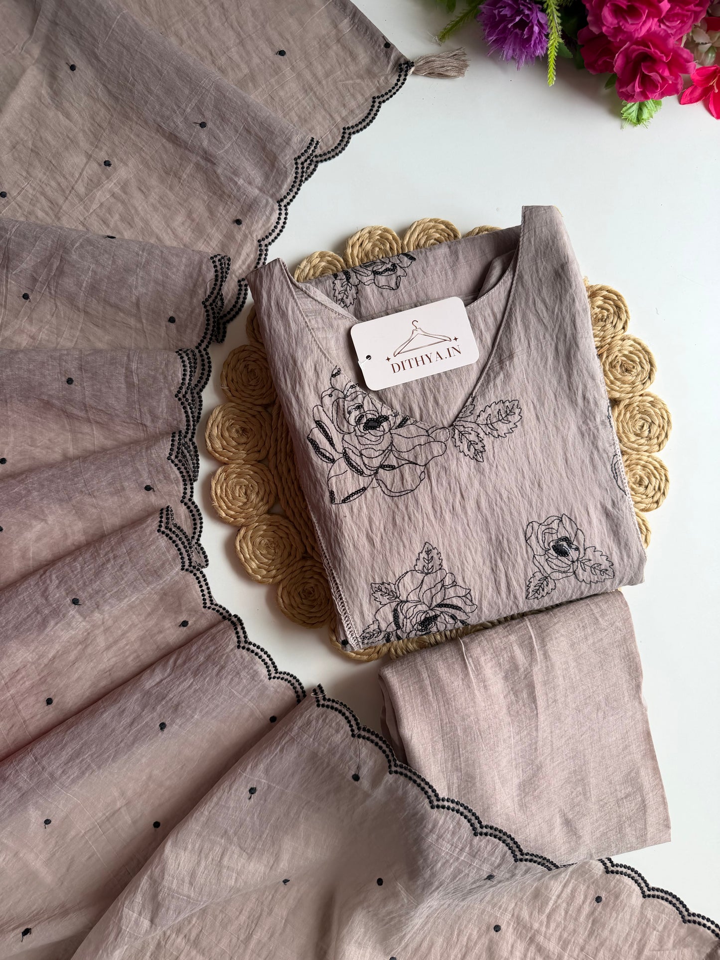 K028 - Crushed Surat Mul chanderi embroidered Aline Kurti with pants and dupatta