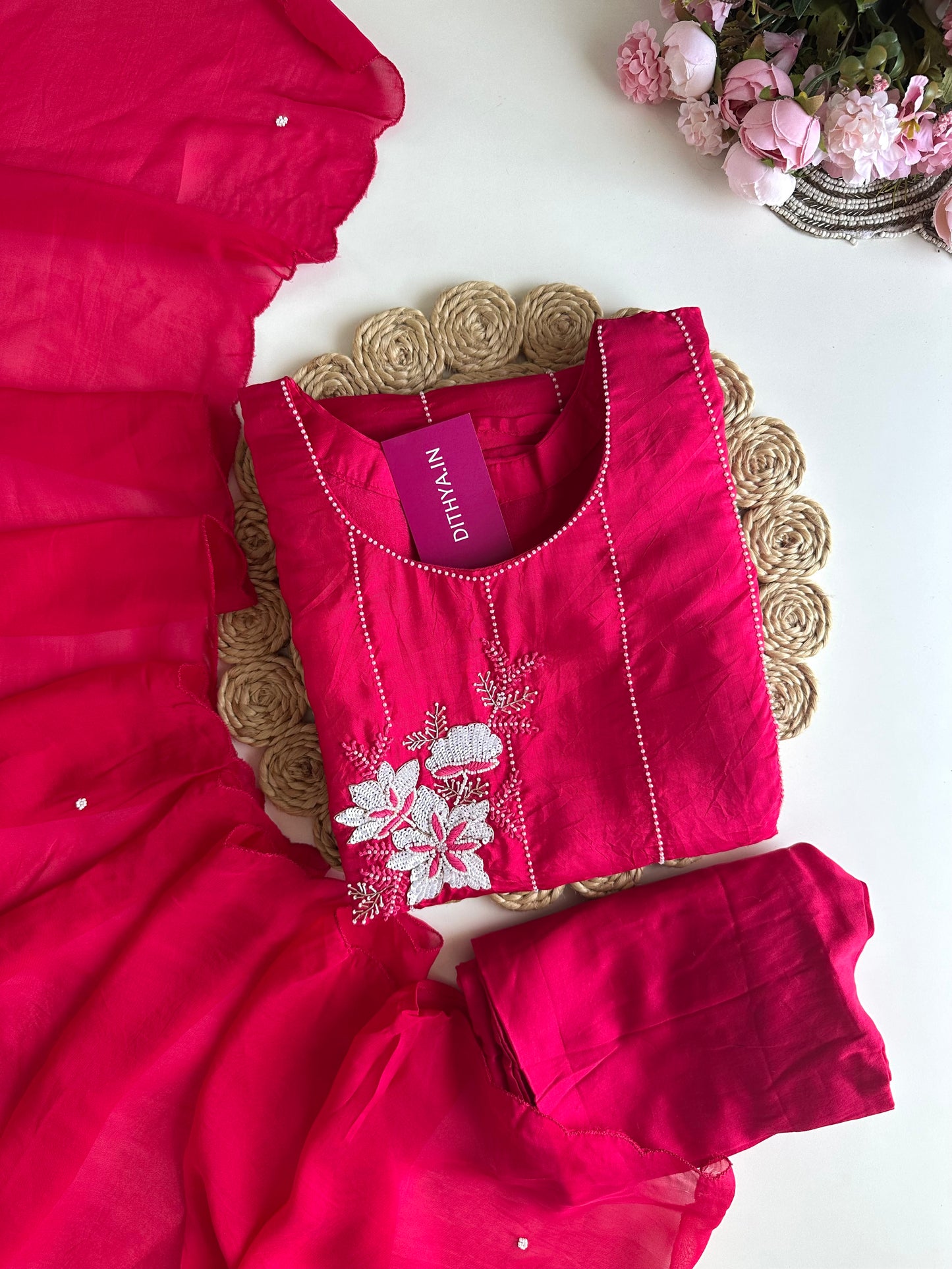 K253 - Pure crape pearl work straight Kurti with pants and dupatta