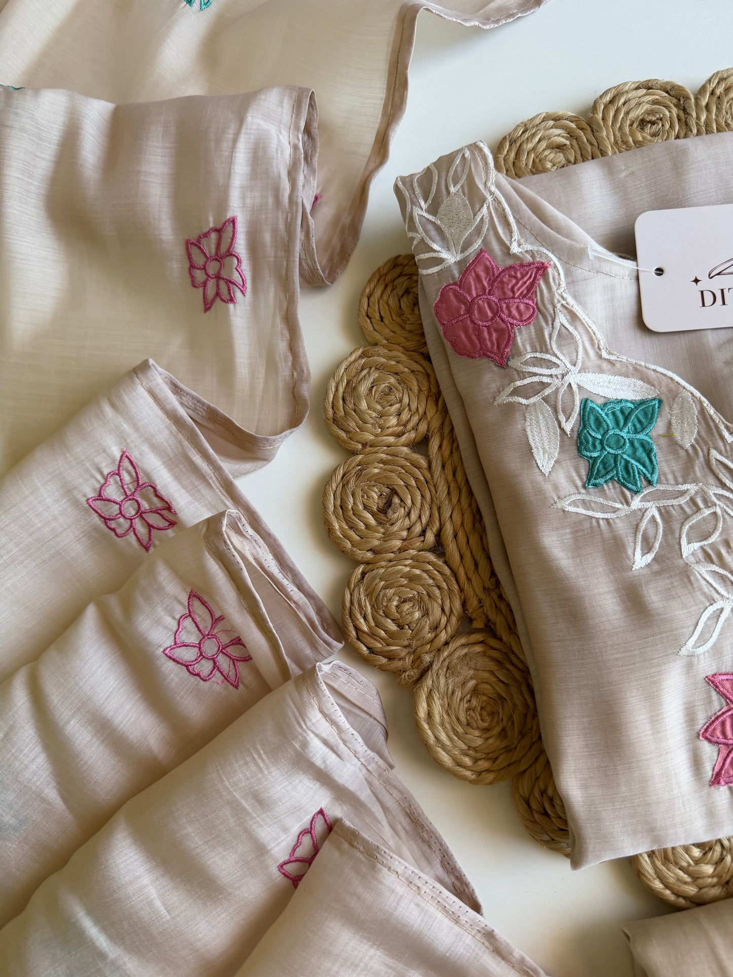 K577 - Surat mul chanderi appliqué work straight Kurti with pants and dupatta