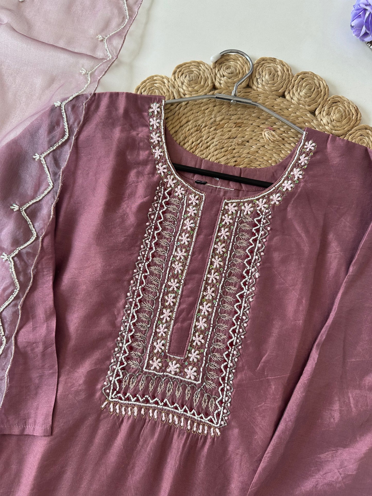 D128 - Roman silk handwork straight Kurti with pants and dupatta