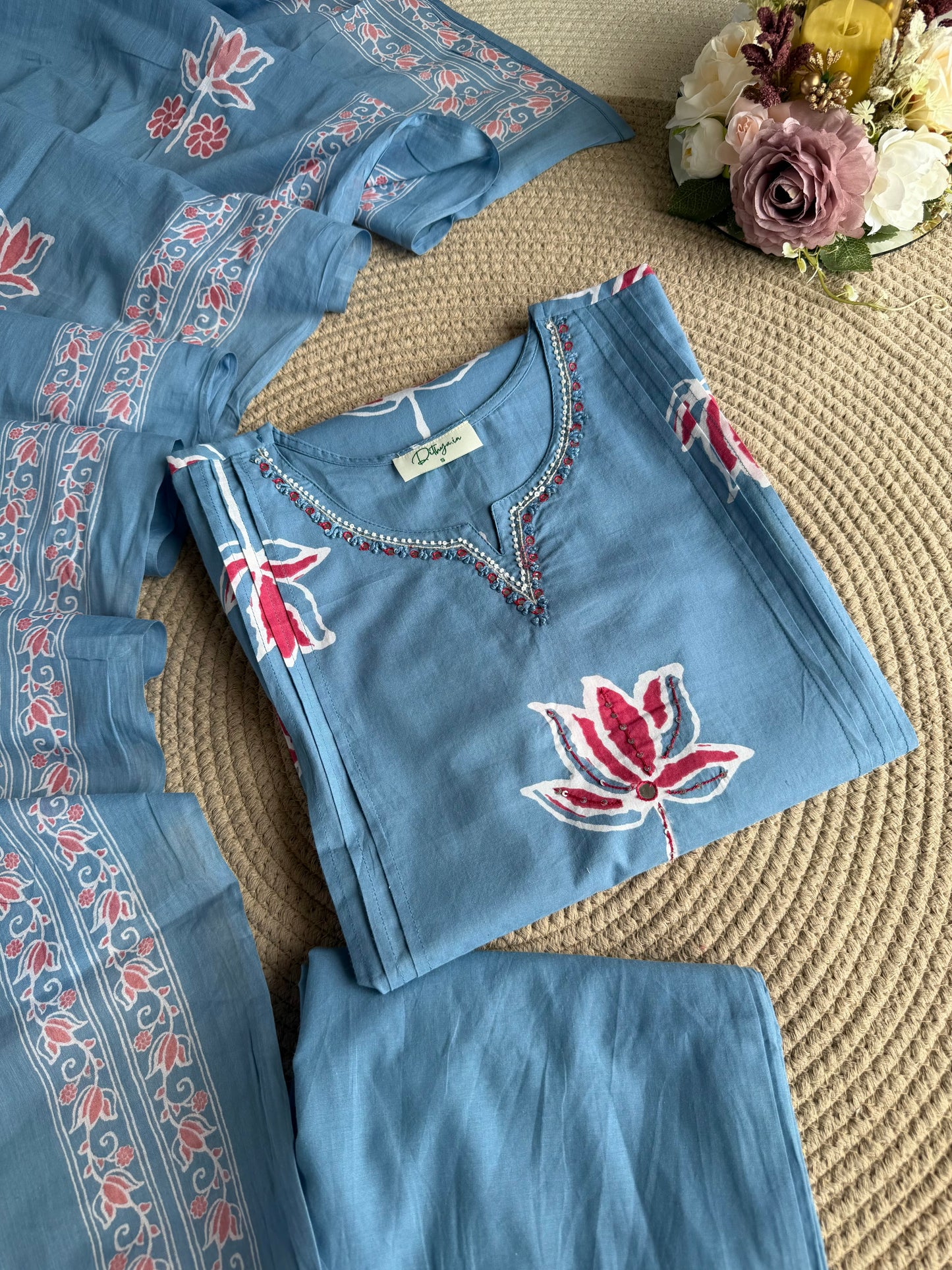 K164 - Mul cotton embroidered Aline Kurti with pants and dupatta in 3 colours