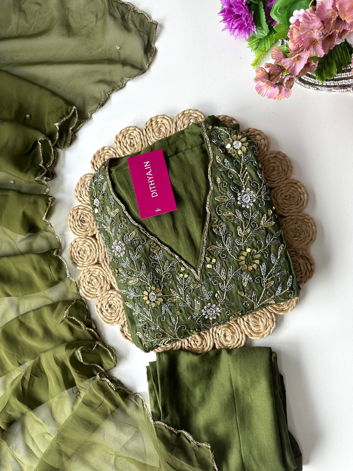 K392 - Mul Chanderi handwork Anarkali with pants and dupatta