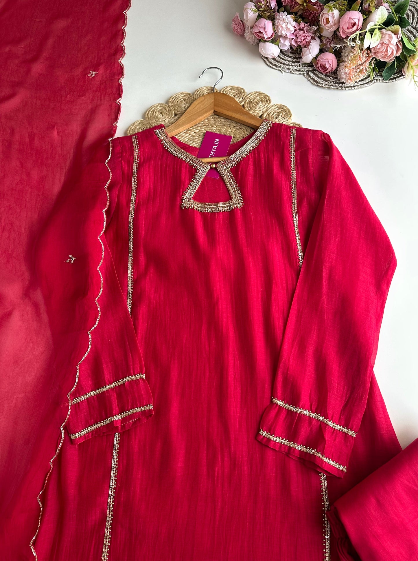 K228 - Mul Chanderi handwork Aline Kurti with pants and dupatta