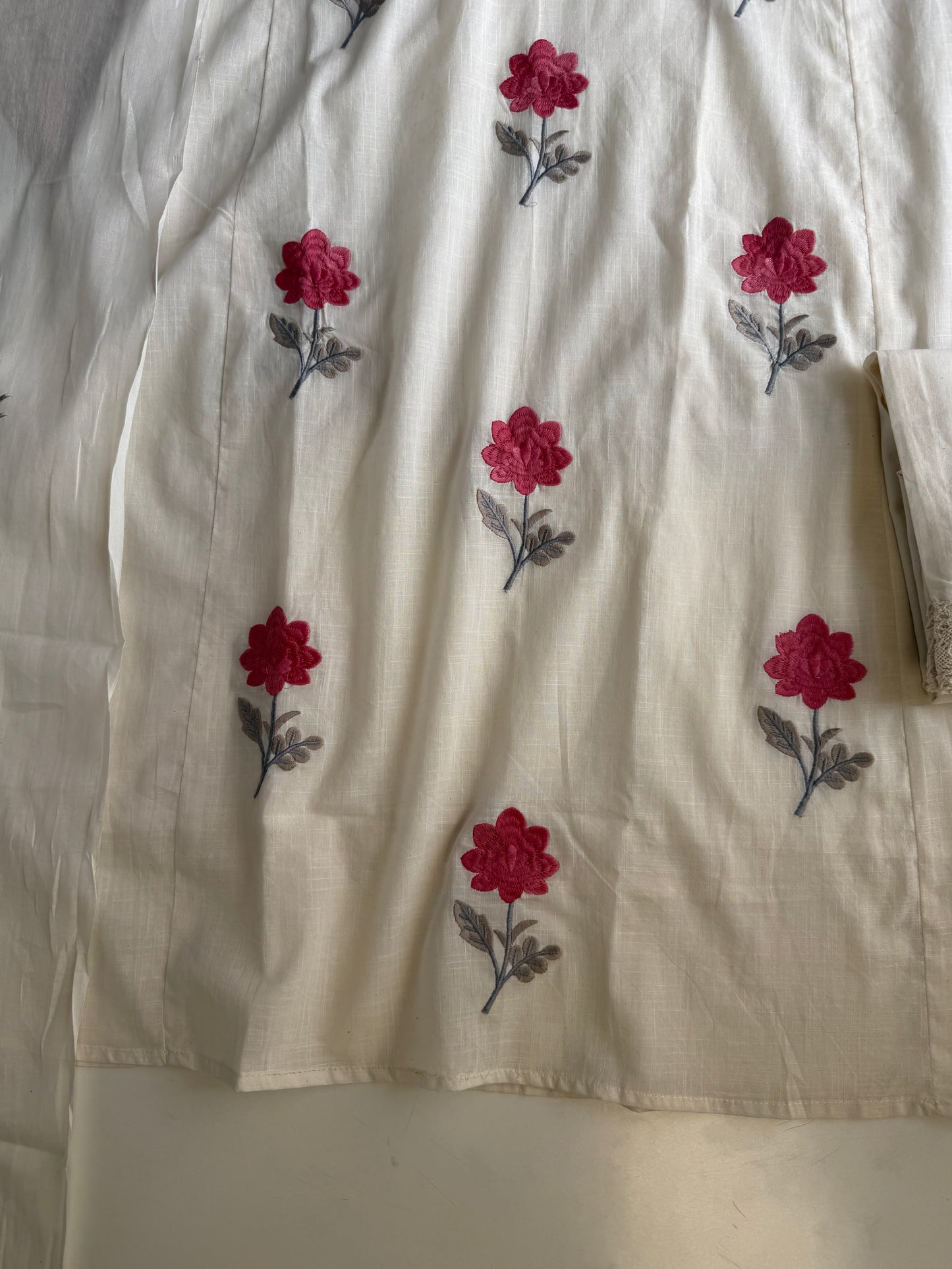 K667 - Mul cotton embroidered straight Kurti with pants and dupatta