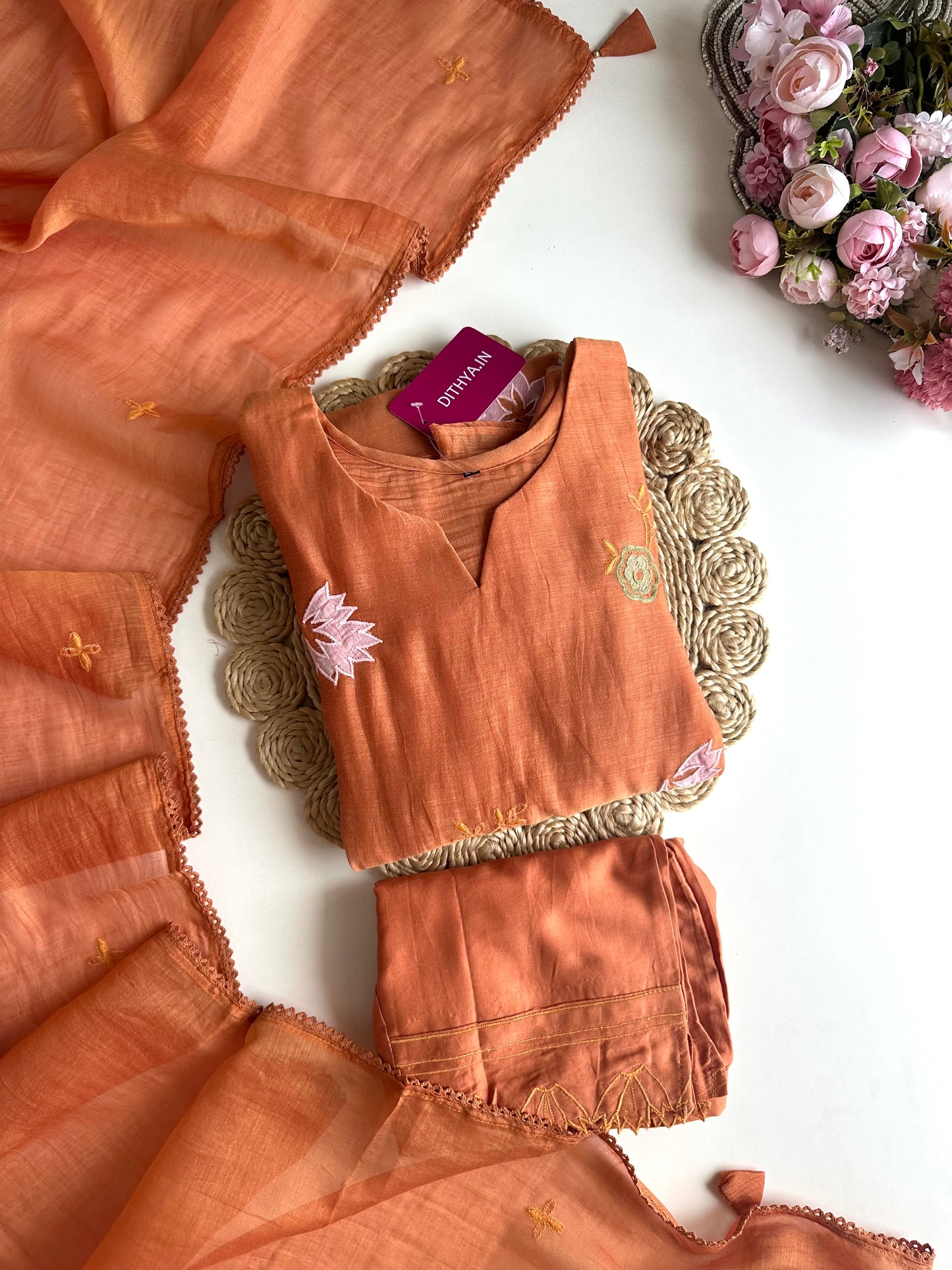 K425 - Mul Chanderi appliqué work Aline Kurti with pants and dupatta