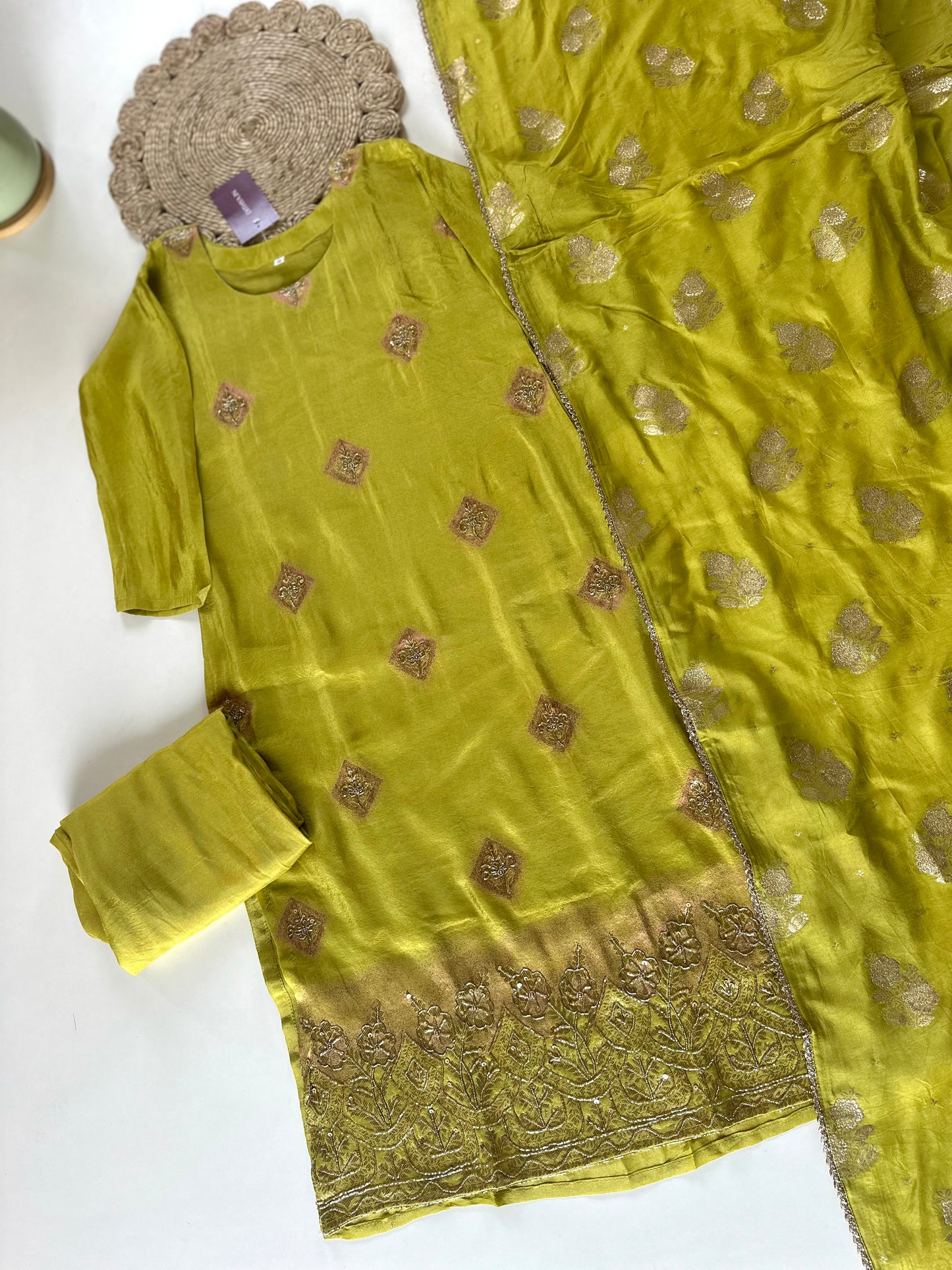 K108 - Shimmer Tissue silk straight kurti with pants and Banarasi silk dupatta.