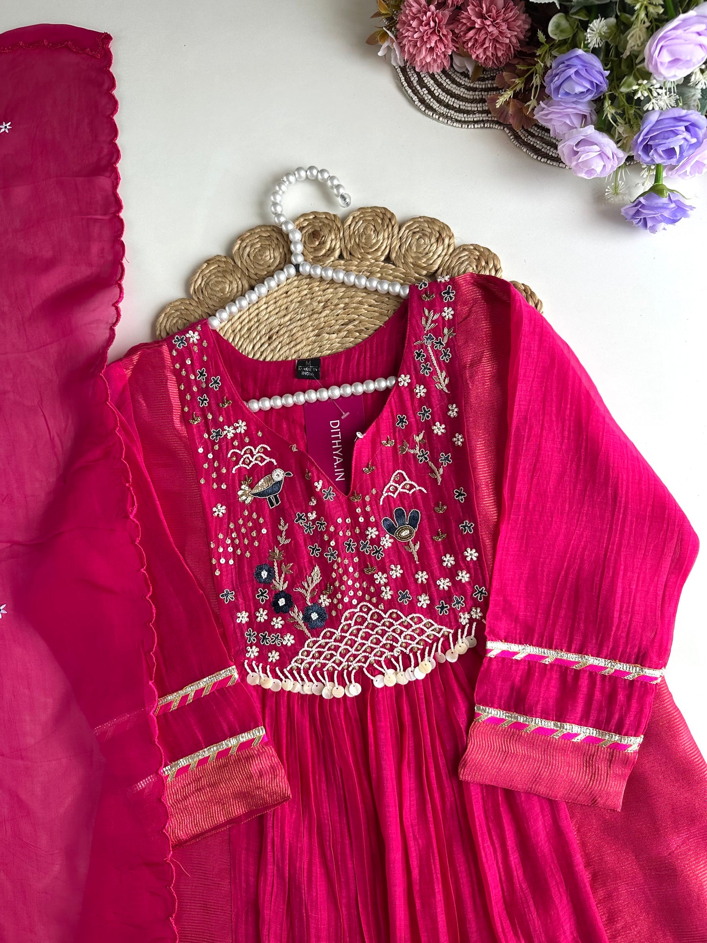 K128 - Mul Chanderi Handwork Anarkali with pants and dupatta