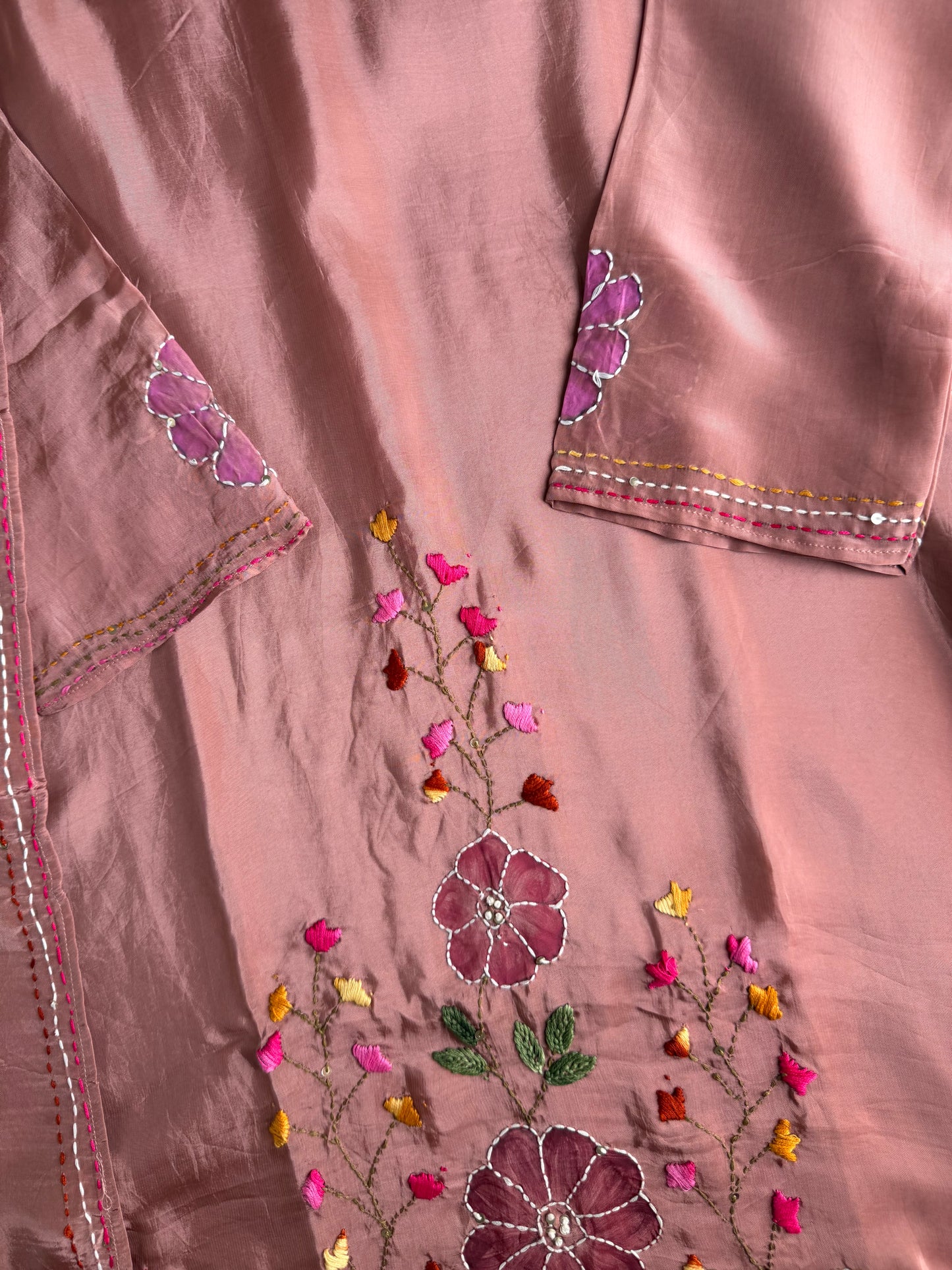 K644 - Pure crape embroidered Aline Kurti with pants and dupatta