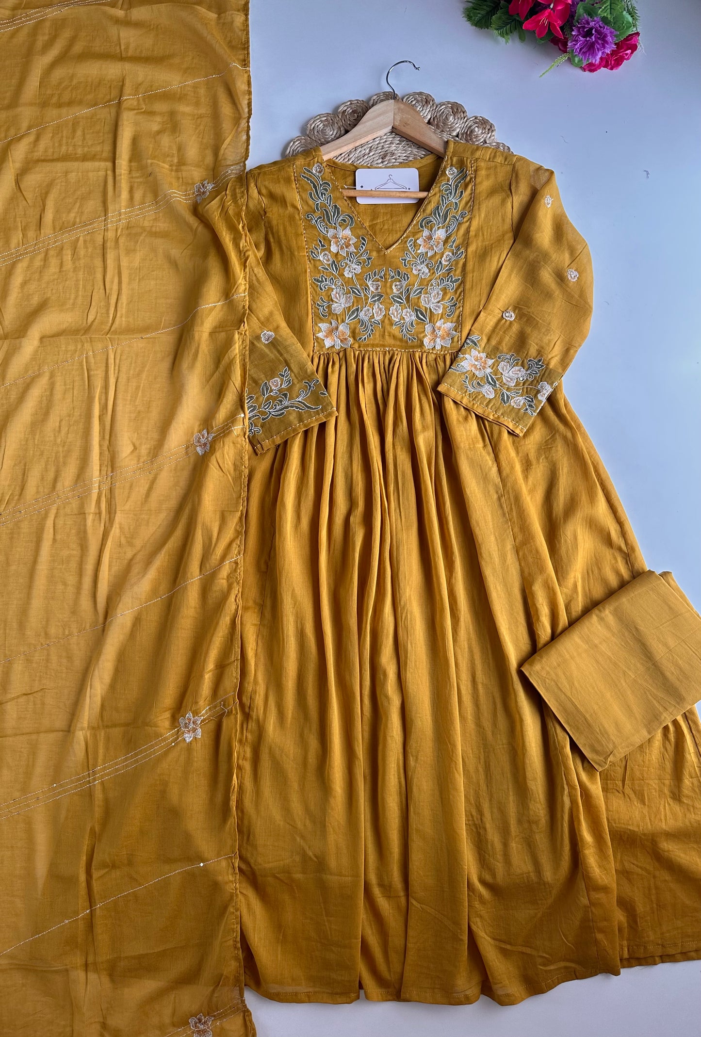 K165 - Mul cotton embroidered Anarkali with pants and dupatta