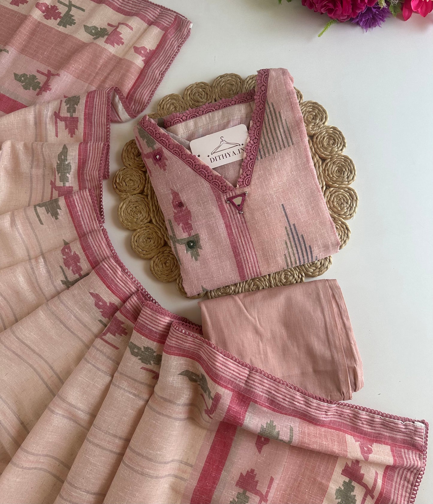 K543 - Linen embroidered straight Kurti with pants and dupatta
