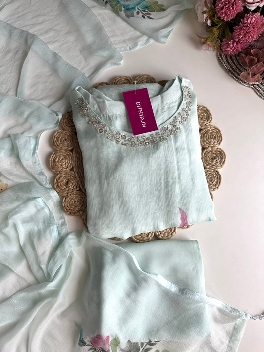K452 - Chinnon handwork & Painted Aline Kurti with pants and dupatta