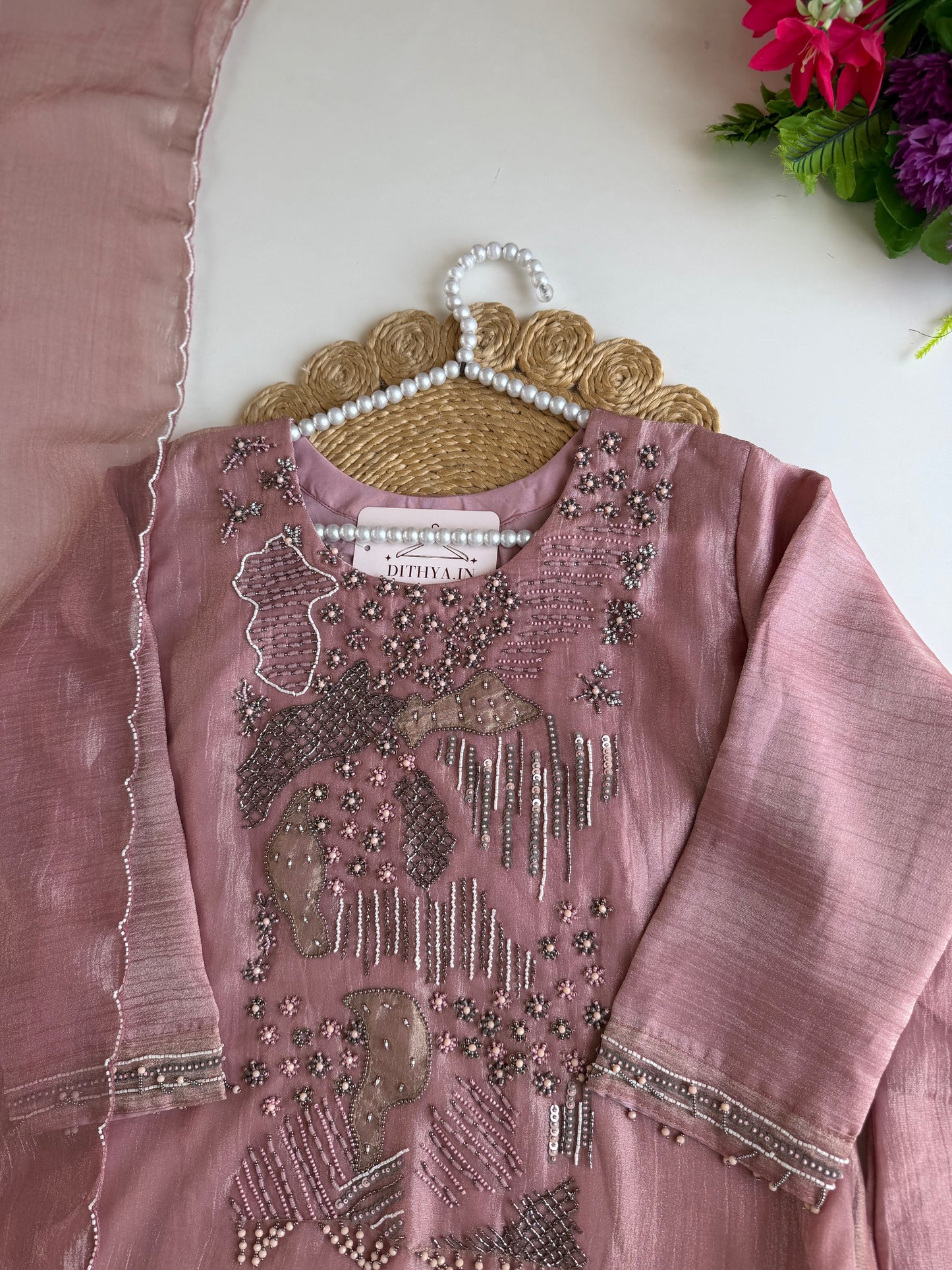 K544 - Crush tissue handwork Aline Kurti with divider pants and dupatta