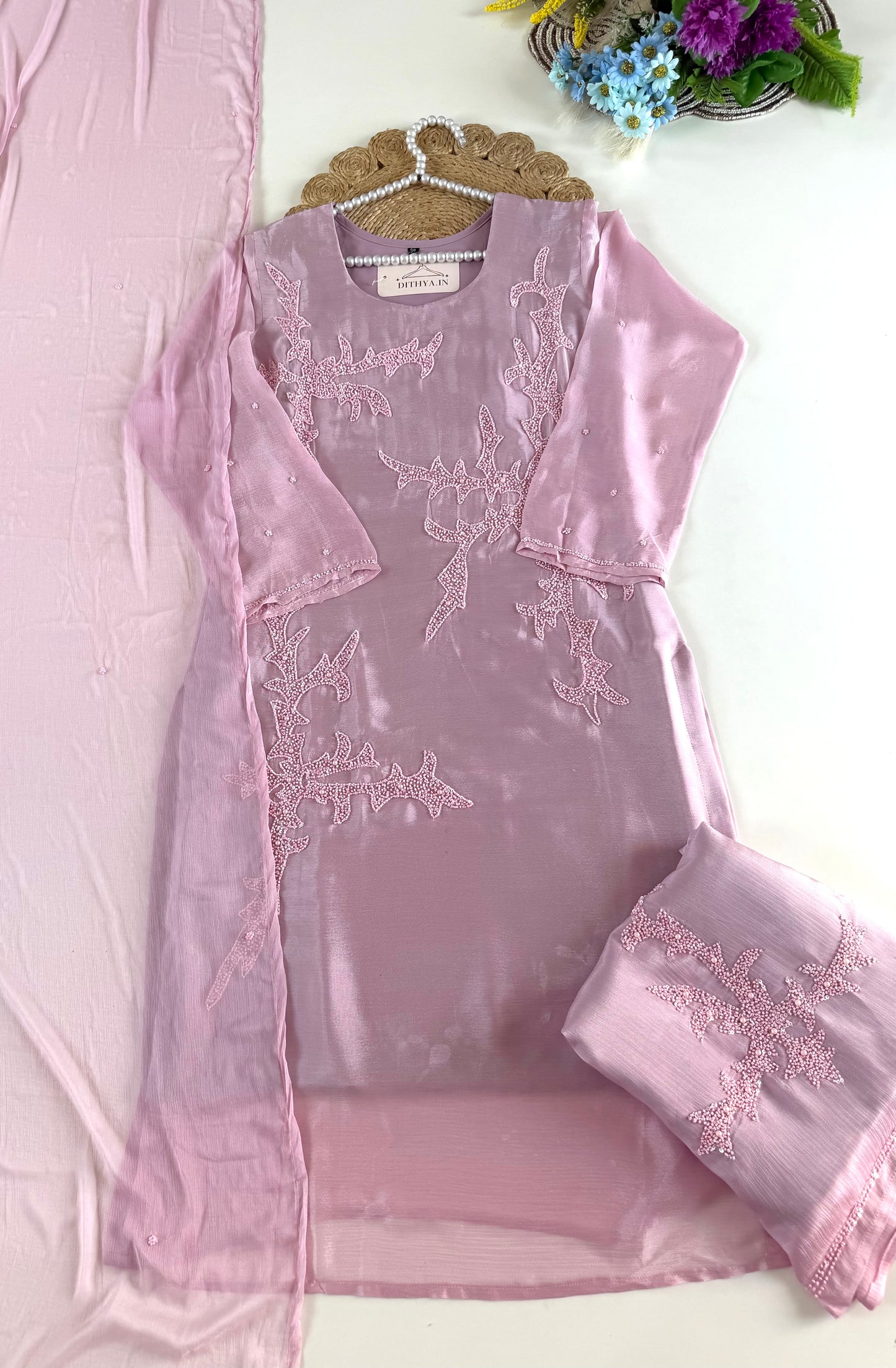 K550 - Chinnon handwork straight Kurti with palazzo and dupatta