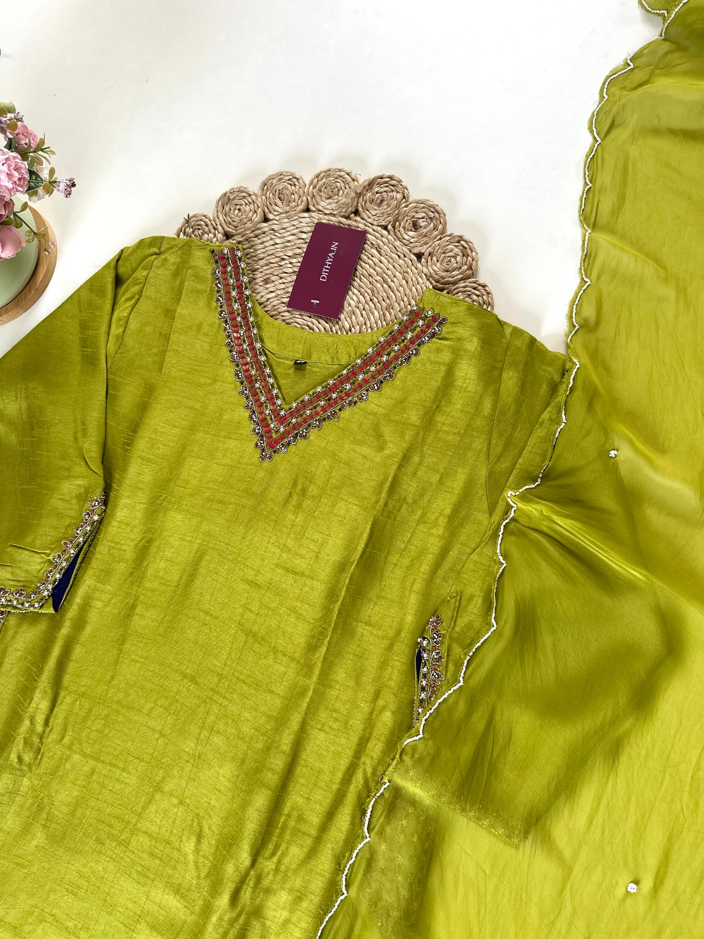 K133 - Russian silk handwork straight kurti with pants and dupatta in 2 colours .