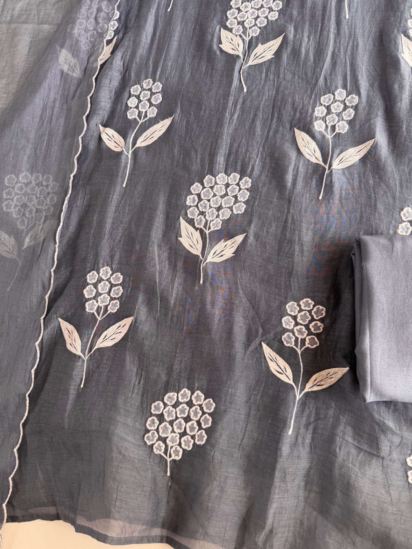 K336 - Mul chanderi appliqué embroidered Aline Kurti with pants and dupatta