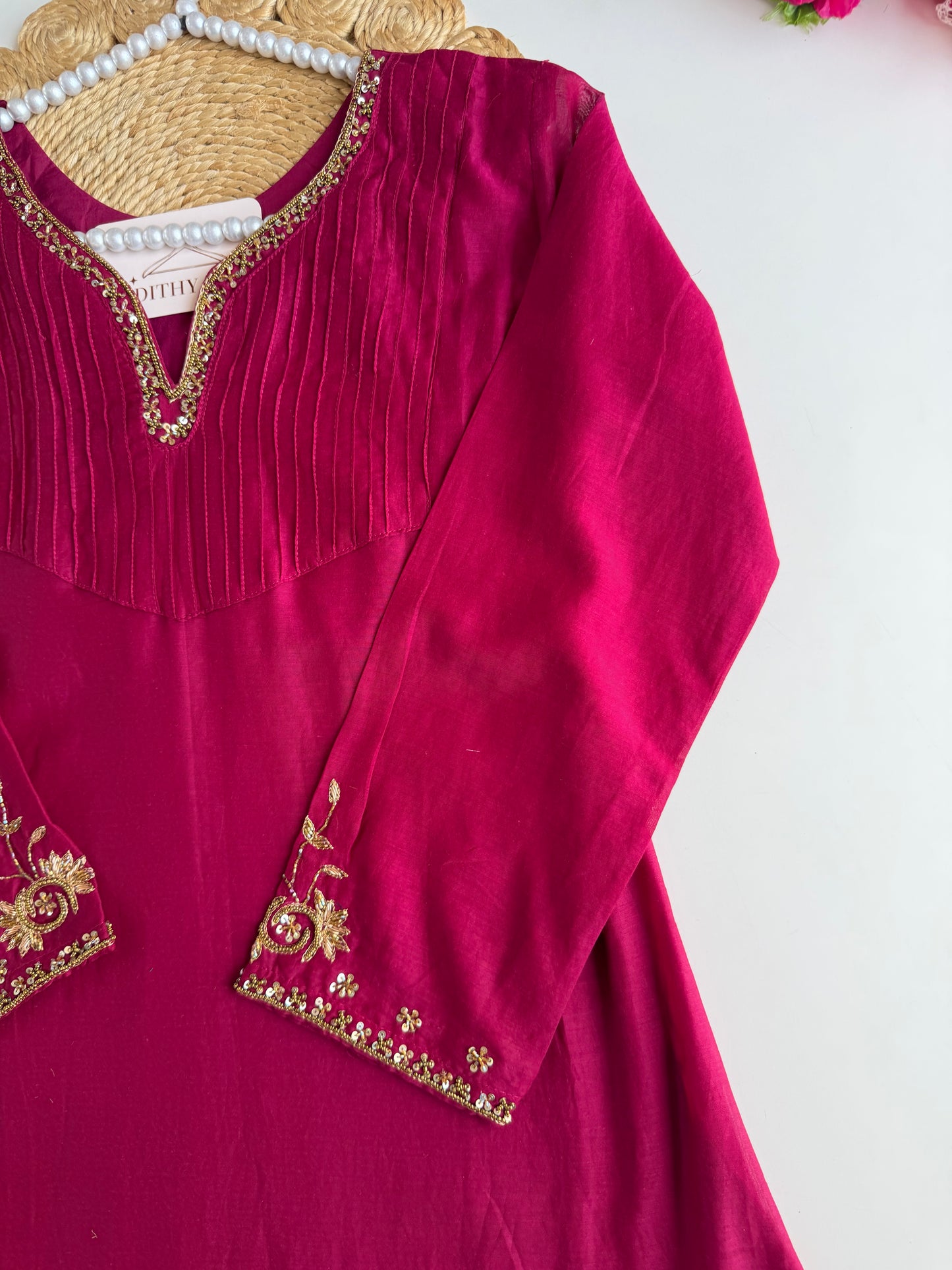K295 - Mul chanderi handwork Aline Kurti with pants and dupatta